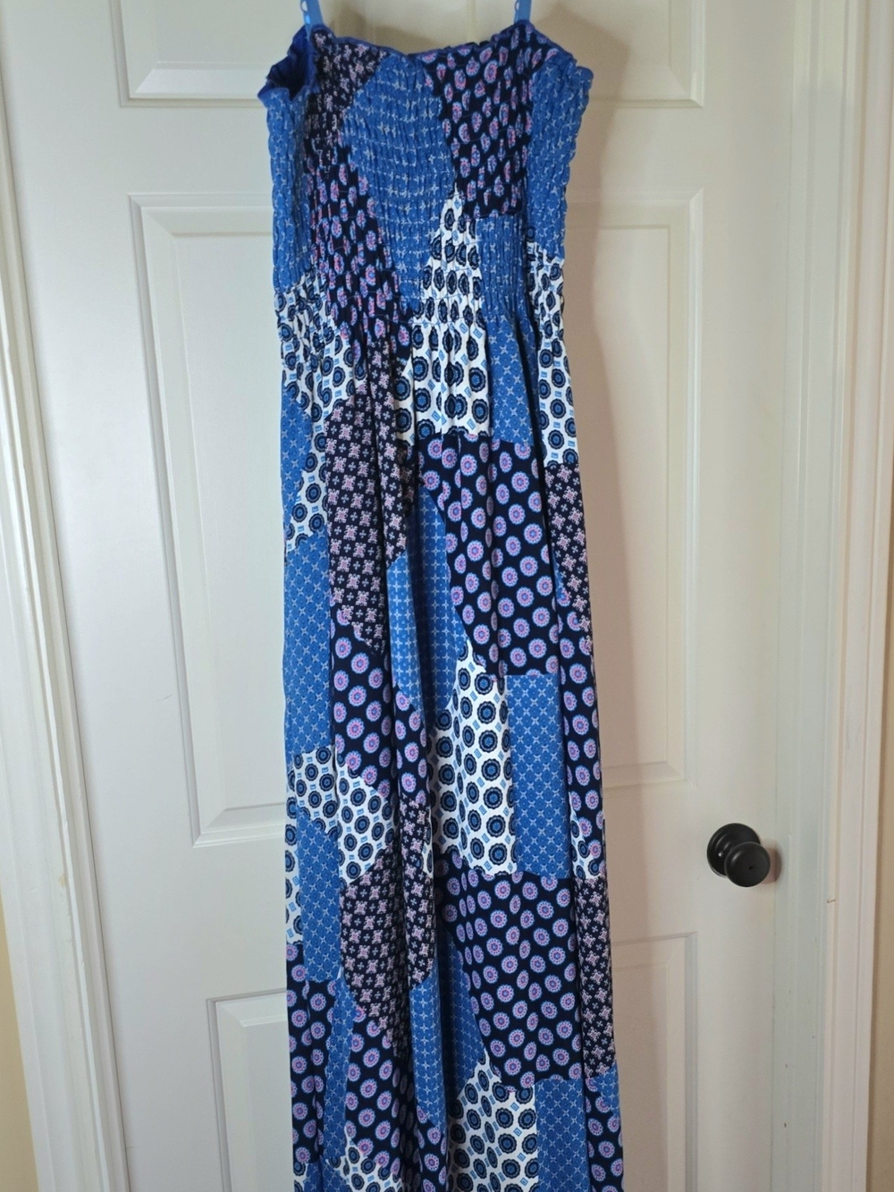 Blue Patterned Smocked Maxi Dress with Spaghetti Straps - Picture 5 of 8